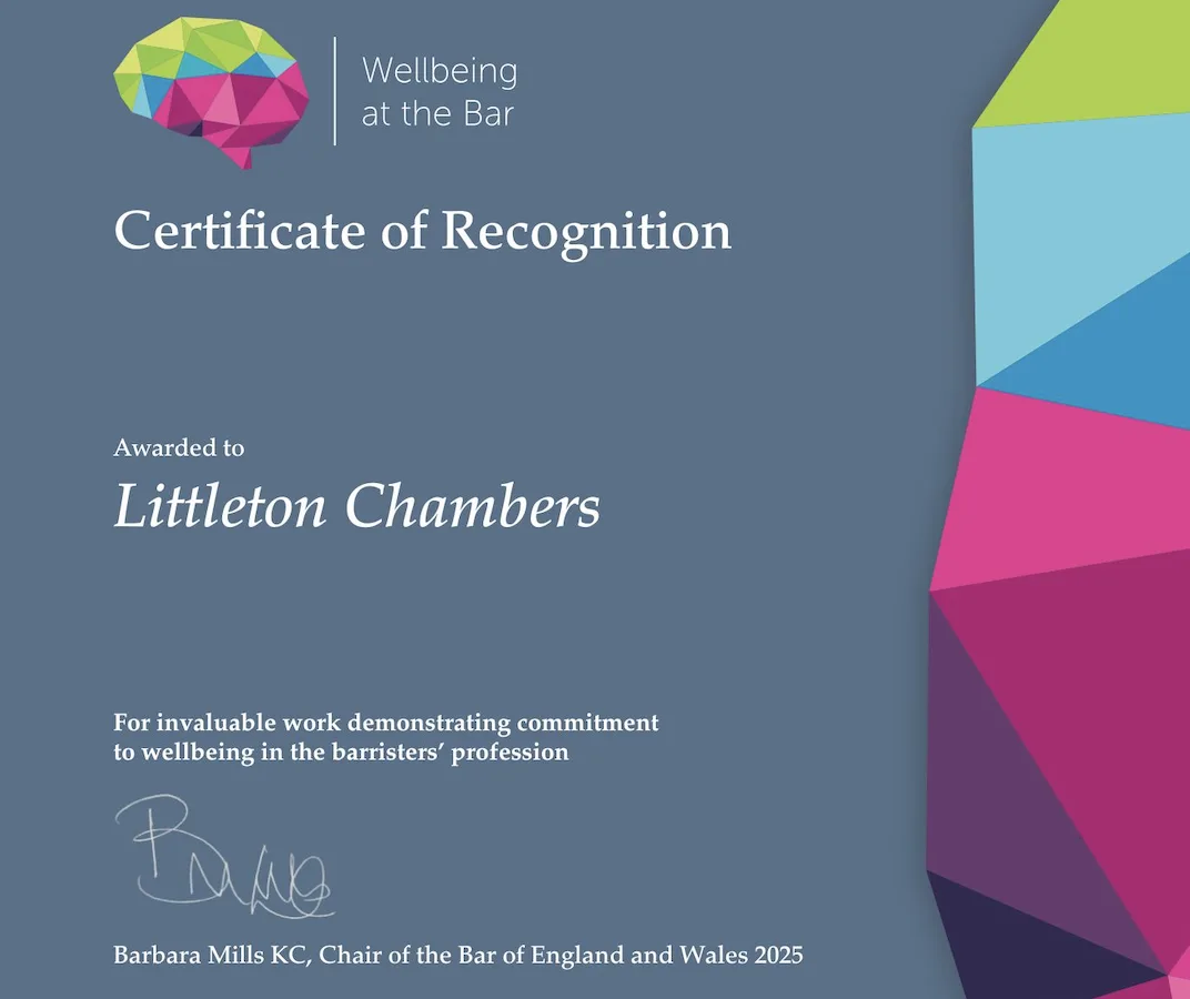 Littleton Chambers awarded the Wellbeing at the Bar – Certificate of Recognition for 2025